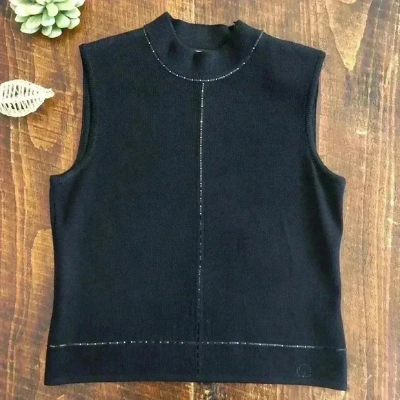 St. John Sport | Sleeveless Sweater w/Mock Turtleneck, Shimmery Stripe - Picture 1 of 6